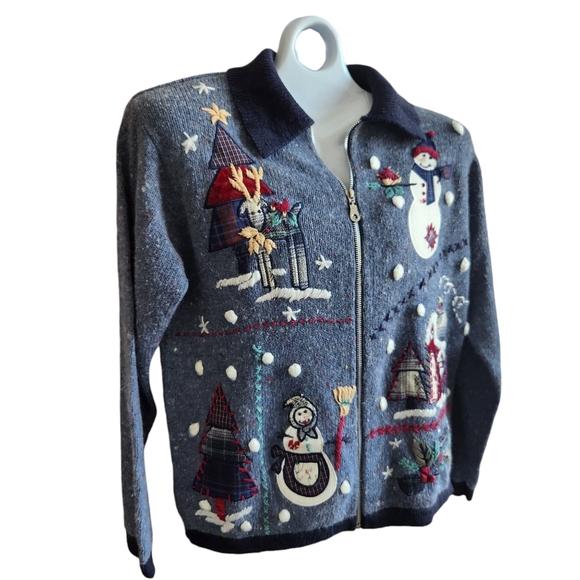 VTG Festive BP Design Embroidered Patchwork Blue Heather Zip Christmas Sweater M - Picture 2 of 15